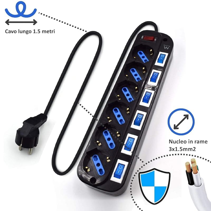 Ewent EW3851 Multipresa Elettrica a 6 Posti ITA/Schuko indipendenti su Ogni Presa e Interruttore Generale, Schuko 16A, 2500W, Nera — miniatura 5
