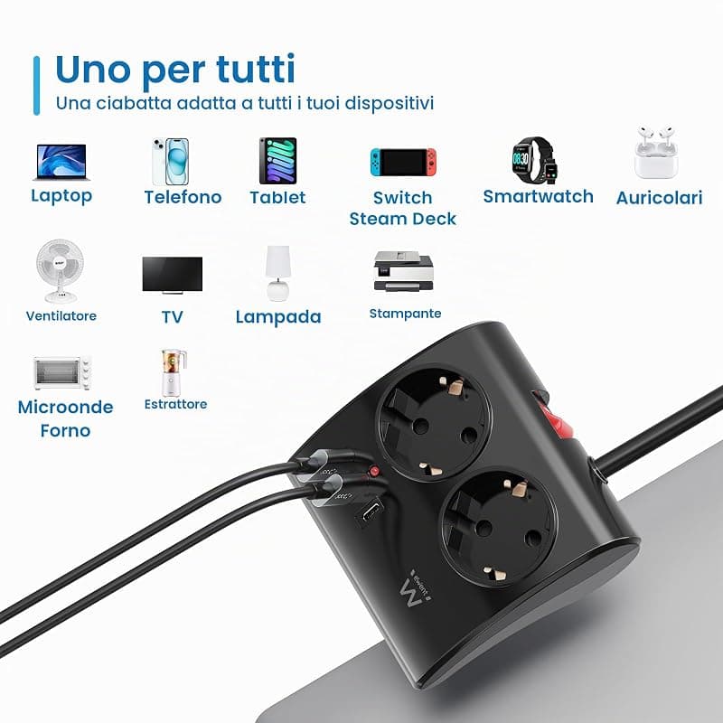Ewent Multipresa da Scrivania 2 Prese Schuko + 2 USB + 1 USB-C EW3871 — miniatura 5