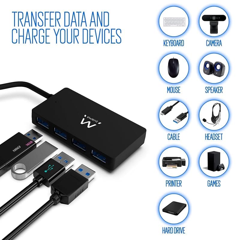 Ewent EW1136 Hub USB 3.0 4 Porte per la Trasmissione di Dati, Hub USB Multiporta sottile con connettore DC per Alimentazione esterna, Velocità di trasferimetno 5 Gbps — miniatura 5