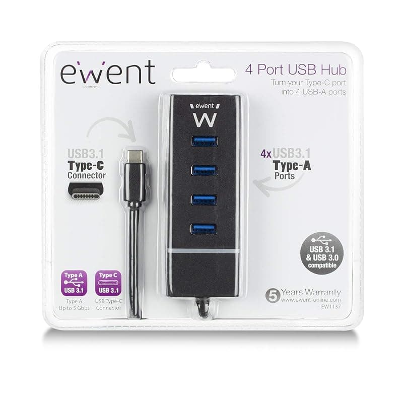 Ewent Hub USB C, 4 Porte USB 3.1, Porta Alimentazione USB C, Adattatore USB C a USB OTG, Hub USB Type C Per MacBook Air/Pro M2 M1, iPad Air/Pro, Surface Pro 8/7, Mac Mini, Galaxy — miniatura 5