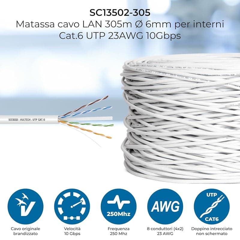 VulTech SC13502-305 Matassa Lan Categoria 6 UTP 305 Metri 23AWG Bobina di Rete Ethernet 305m Cat6 — miniatura 2