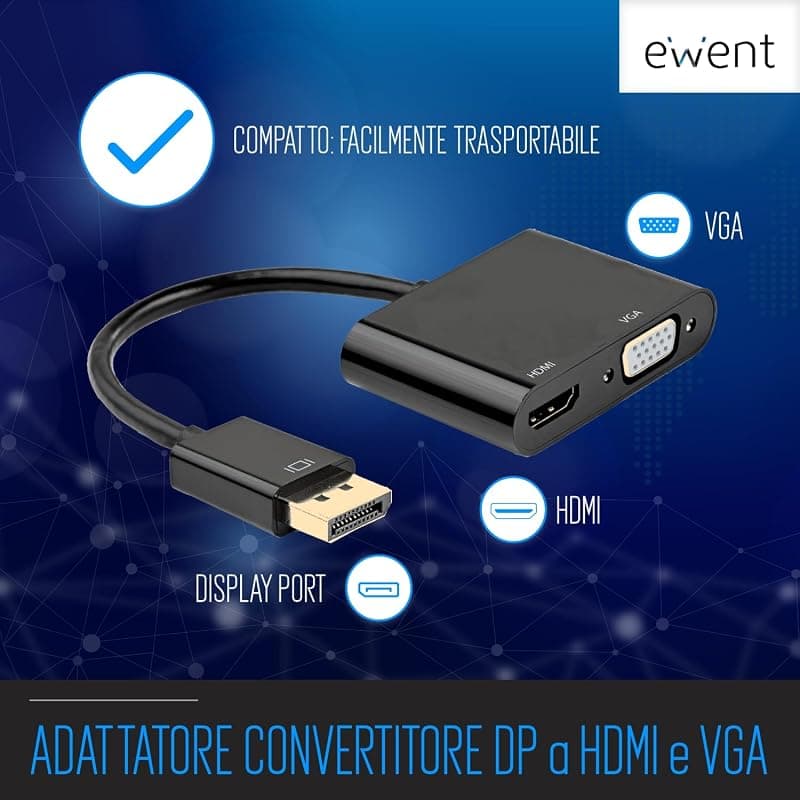 Ewent Adattatore Displayport DP a Doppio Monitor HDMI 4K & VGA F EC1457 — miniatura 2