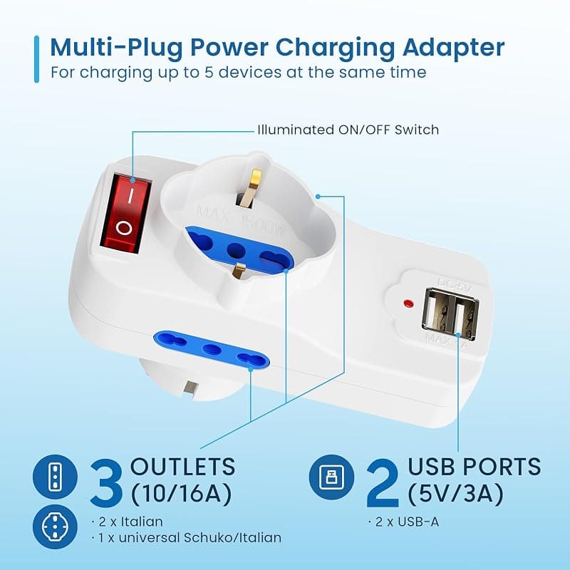 Ewent Adattatore Elettrico 3 Prese 2P USB-A Schuko 16A EW1194 — miniatura 3