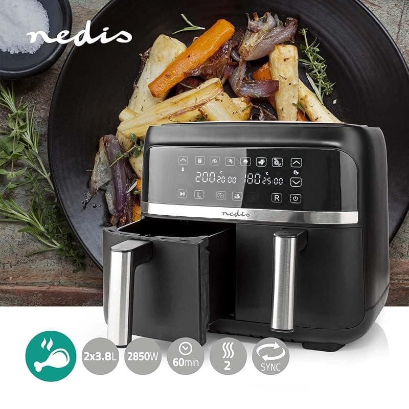 NEDIS KAAFD350EBK - Friggitrice ad aria calda, 2 x 3,8 l, timer: 60 min, digitale, nero — miniatura 2