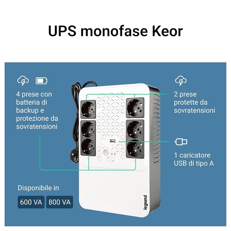 Legrand UPS monofase Gruppo di Continuità per PC LG-310082, Keor Multiplug, con Caricatore USB, 6 prese multistandard, Stabilizzazione AVR, 800 VA/480 W, Autonomia fino a 15 minuti — miniatura 5