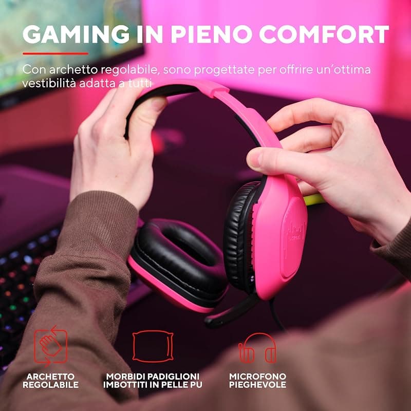 Trust Gaming GXT 415P Zirox Cuffie Gaming Leggere con Driver da 50 mm per PC, Xbox, PS4, PS5, Switch, Mobile, Jack Audio 3.5 mm, Cavo 2m, Cuffie con Microfono Over-Ear - Rosa — miniatura 5