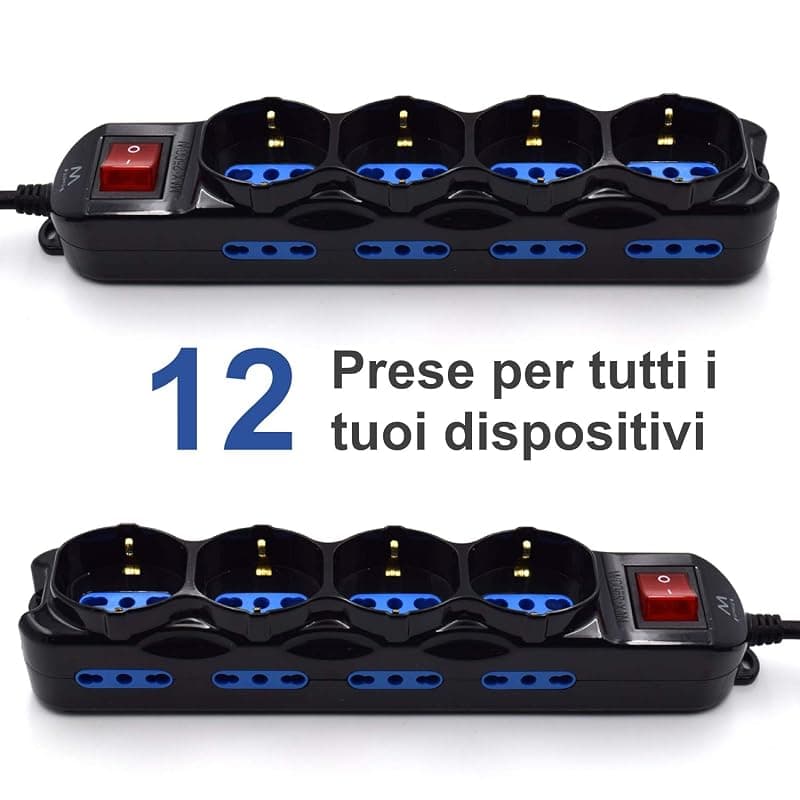 Ewent EW3855 Multipresa Elettrica 12 posti 4 polivalenti (Schuko 10/16A) e 8 bivalenti ITA 10/16A, Spina 16A, cavo 1.5 mt, colore nero — miniatura 5