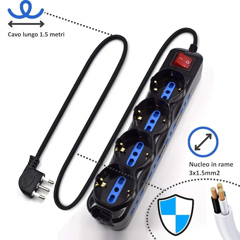 Ewent EW3855 Multipresa Elettrica 12 posti 4 polivalenti (Schuko 10/16A) e 8 bivalenti ITA 10/16A, Spina 16A, cavo 1.5 mt, colore nero — miniatura 4