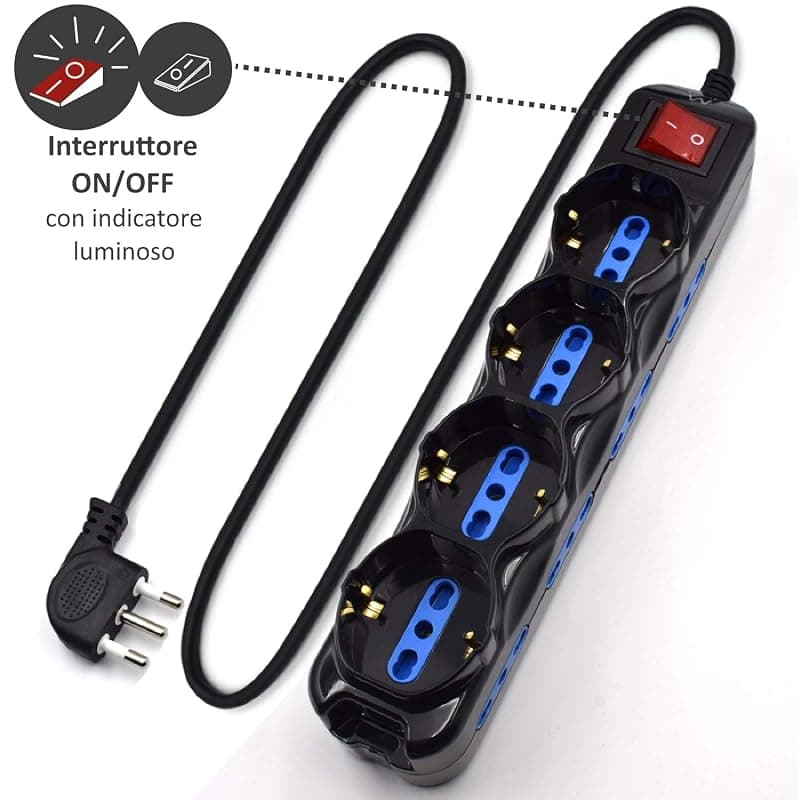 Ewent EW3855 Multipresa Elettrica 12 posti 4 polivalenti (Schuko 10/16A) e 8 bivalenti ITA 10/16A, Spina 16A, cavo 1.5 mt, colore nero — miniatura 3