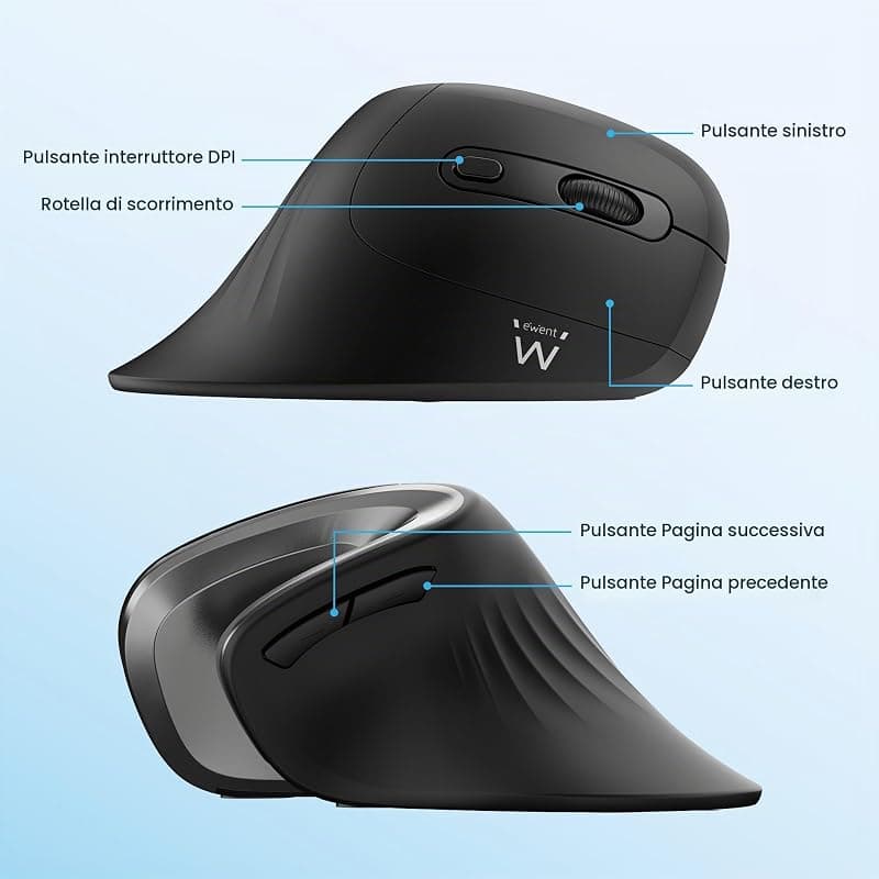 Ewent Mouse wireless ergonomico, EW3154, mouse ottico con 6 tasti e interruttore On/Off, 3 DPI regolabili, ricevitore USB, mouse per PC, laptop, iPad, Windows, Android, Mac. — miniatura 4