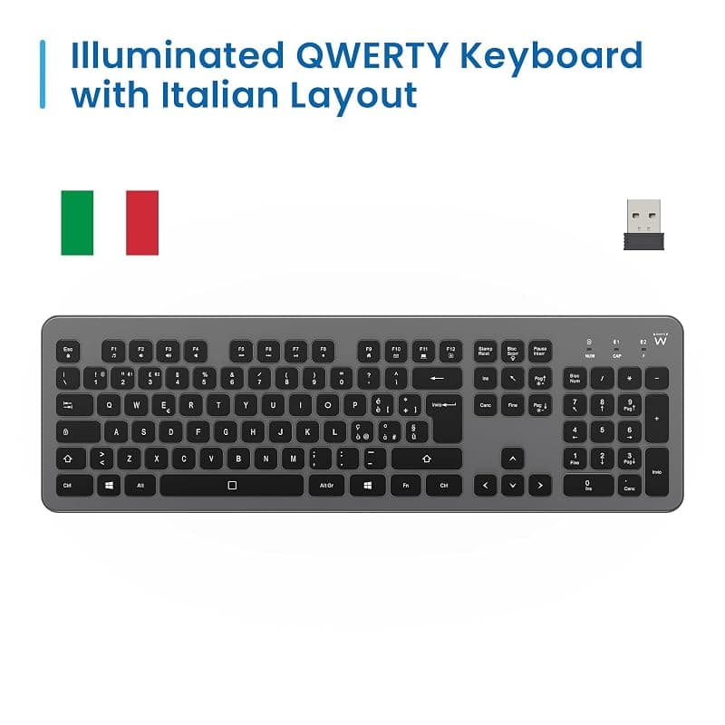 Ewent Tastiera Wireless Retroilluminata EW3295, Layout Italiano, Full Size — miniatura 3