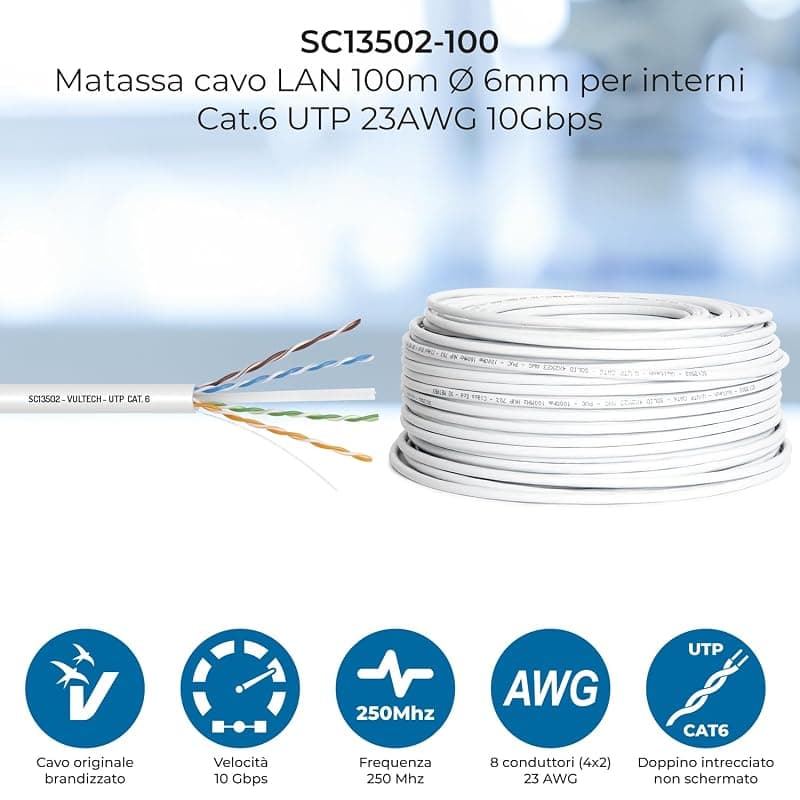 VulTech SC13502-100 Bobina Matassa Lan Categoria 6 UTP 100 Metri 23AWG Ethernet cavo rete impianti alta velocità 1Gbps 100m Cat6, 100 Ohm, 250Mhz, 10/100/1000 Mbps — miniatura 2