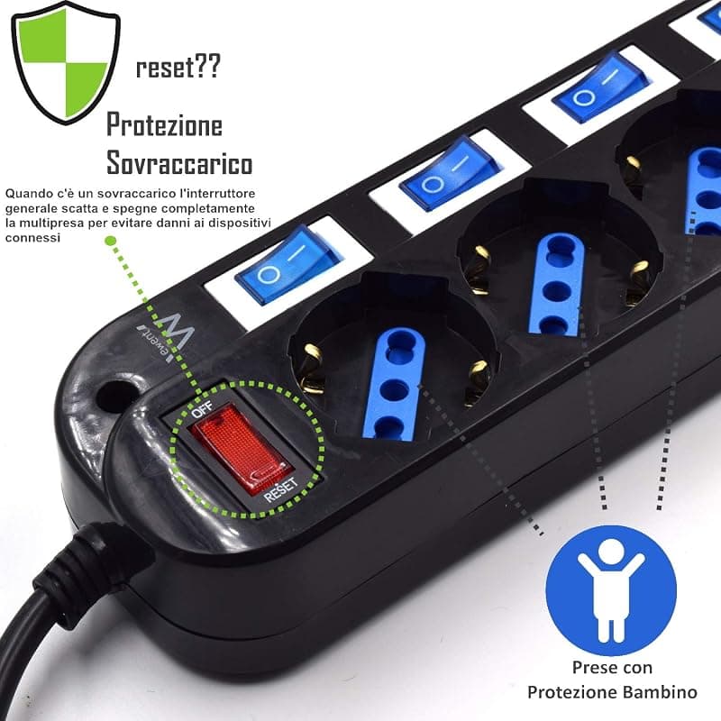 Ewent EW3851 Multipresa Elettrica a 6 Posti ITA/Schuko indipendenti su Ogni Presa e Interruttore Generale, Schuko 16A, 2500W, Nera — miniatura 4