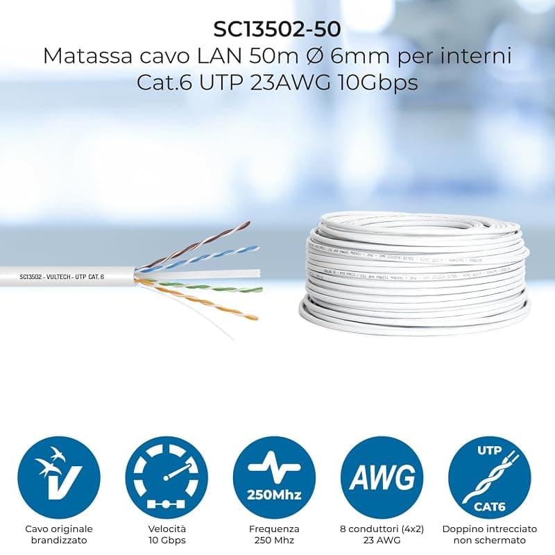 VulTech SC13502-50 Bobina Matassa Lan Categoria 6 UTP 50 Metri 23AWG Ethernet cavo rete impianti alta velocità 1Gbps 50m Cat6, 100 Ohm, 250Mhz, 10/100/1000 Mbps — miniatura 2