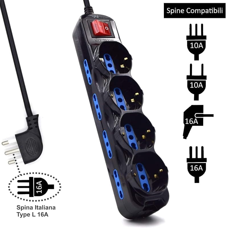 Ewent EW3855 Multipresa Elettrica 12 posti 4 polivalenti (Schuko 10/16A) e 8 bivalenti ITA 10/16A, Spina 16A, cavo 1.5 mt, colore nero — miniatura 2