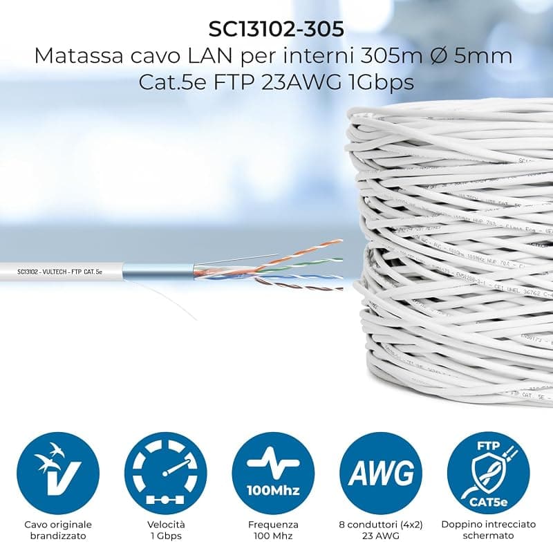 VulTech SC13102-305 Matassa Lan Categoria 5e FTP 305 Metri 23AWG Bobina di Rete Ethernet 305m Cat5e — miniatura 2