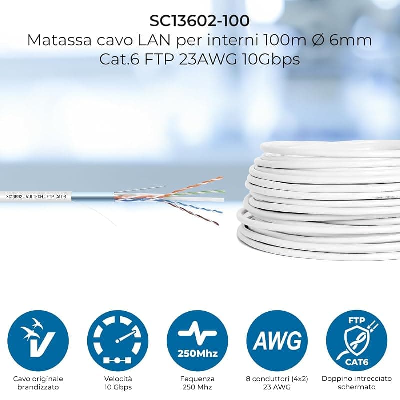 VulTech SC13602-100 Bobina Matassa Lan Categoria 6 FTP 100 Metri 23AWG Ethernet cavo rete impianti alta velocità 1Gbps 100m Cat6, 100 Ohm, 10/100/1000 Mbps — miniatura 2