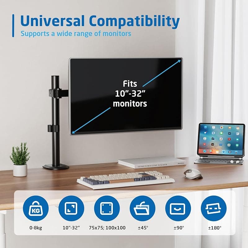 Ewent EW1510 Braccio Singolo Monitor,Supporto Singolo per PC a Schermo Piatto,Staffa Di Supporto Tv/Monitor 13-27 Pollici,Altezza e Inclinazione Regolabili e Rotazione, con — miniatura 3