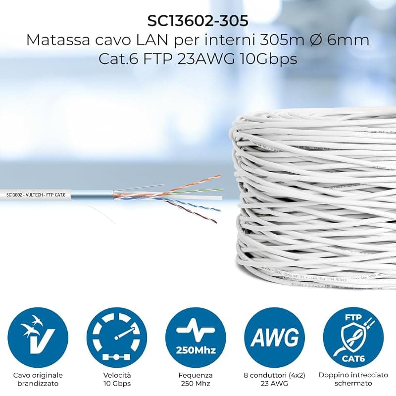VulTech SC13602-305 Bobina Matassa Lan Categoria 6 FTP 305 Metri 23AWG Ethernet cavo rete impianti alta velocità 1Gbps 305m Cat6, 100 Ohm, 10/100/1000 Mbps — miniatura 2