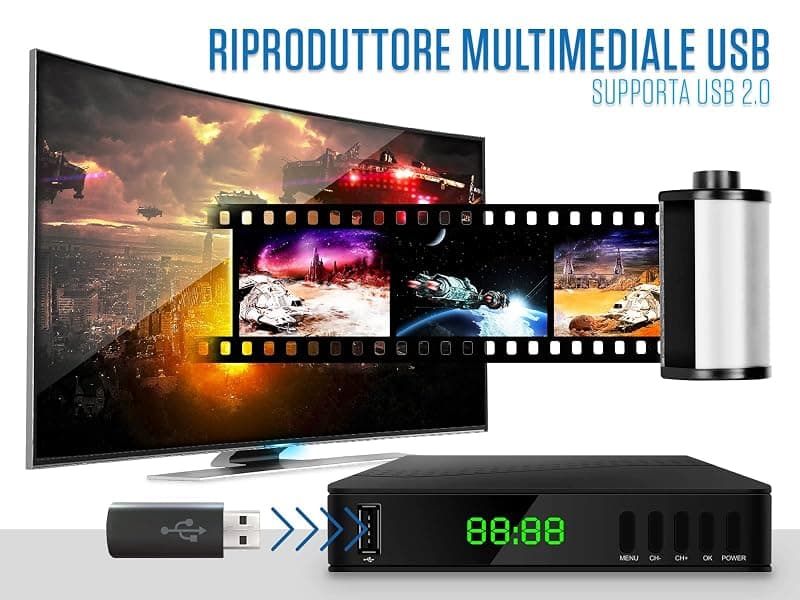 Atlantis SMARTIX DH17 Decoder Digitale Terrestre DVB T2 HEVC H.265 mpeg2/mpeg4 H264 Media Player Porta USB. HDMI e SCART Telecomando Learning, Main 10, Nero — miniatura 8
