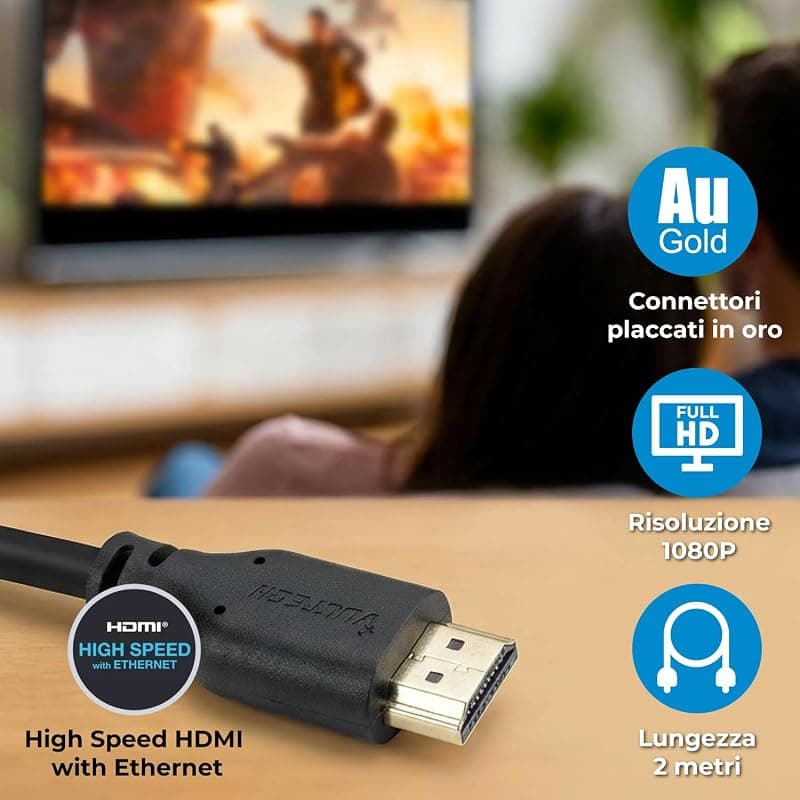 VulTech AA14302 Cavo HDMI 1.4 Alta Velocità 1.8 Metri - Supporta Full HD 1080p, 3D, ARC - Compatibile con TV, Monitor, PS5, Xbox, Decoder, Lettori Blu-Ray, PC — miniatura 2