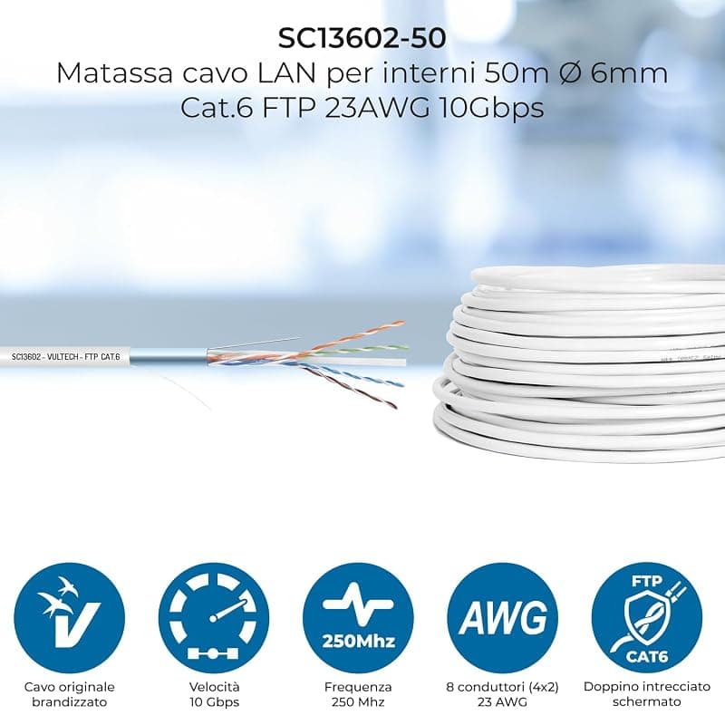 VulTech SC13602-50 Matassa LAN Categoria 6 FTP 50 Metri 23AWG Bobina di Rete Ethernet 50m Cat6 — miniatura 2