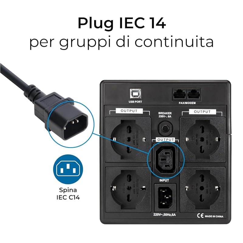 VulTech MU-UPS01 Multipresa per UPS IEC14 a 5 Posti Prese Italiane 10/16A e Schuko/Tedesche, Tasto On/Off, Ignifuga, Cavo da 1,5 m, 2500W, Nero — miniatura 7