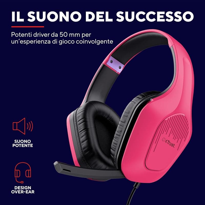 Trust Gaming GXT 415P Zirox Cuffie Gaming Leggere con Driver da 50 mm per PC, Xbox, PS4, PS5, Switch, Mobile, Jack Audio 3.5 mm, Cavo 2m, Cuffie con Microfono Over-Ear - Rosa — miniatura 3