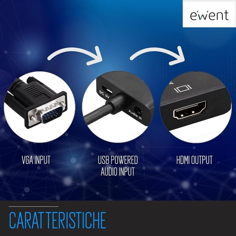 Ewent EW9866 Adattatore Convertitore VGA a HDMI Full HD con Audio,Supporta Audio e Video, connettore USB per l'alimentazione, per collegare il PC/Notebook alla TV, Proiettore HD — miniatura 3