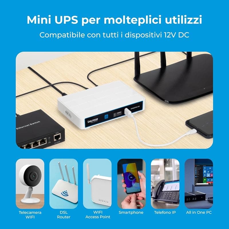 VulTech UPS60PW-DC Rev. 2.1 Bianco Mini UPS 6000mAh 60Watt Gruppo di Continuità Portatile per Router Wireless Modem Telecamera Power Bank Smartphone Input 100-240 VAC USB 5V DC 12V — miniatura 5