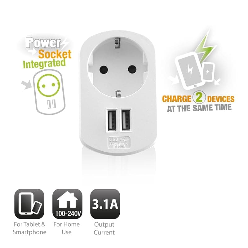 Ewent Adattatore Compatto con Presa Schuko + 2 USB EW1211 — miniatura 3