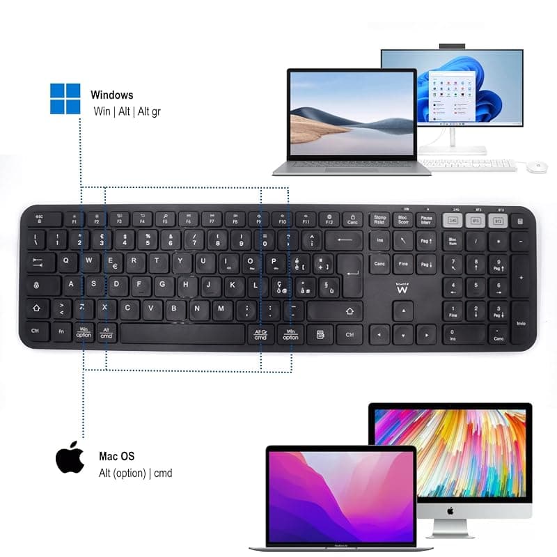 Ewent EW3275 - Tastiera Wireless Multiconnessione, Tastiera senza fili per Windows, Mac OSx, iOS e Android, Durata della Batteria Molto Lunga, con Layout ITALIANO QWERTY — miniatura 7