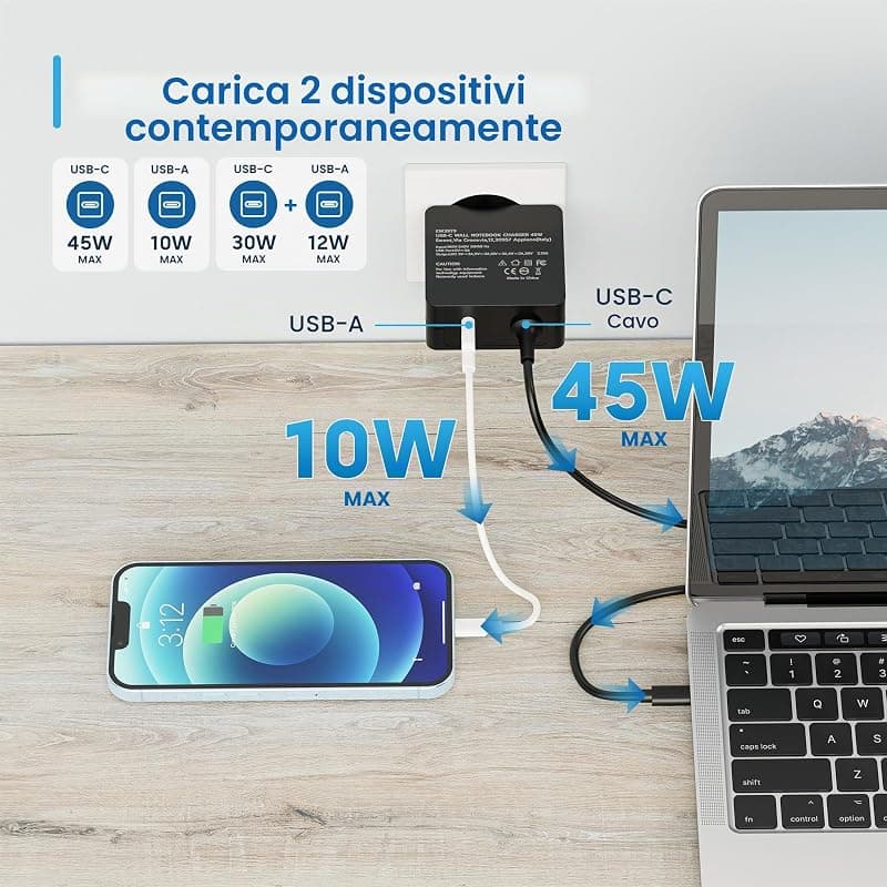 Ewent Caricatore da Rete Elettrica USB Type-C con USB-A Aggiuntiva 45W EW3979 — miniatura 3