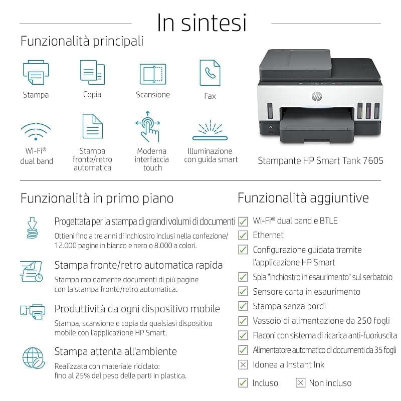 HP Smart Tank 7605 28C02A, Stampante Multifunzione a Colori, Serbatoio d'Inchiostro ad Alto Volume di Stampa, Fino a 12000 Pagine (Nero) e 8000 Pagine (Colore), F/R Automatica — miniatura 4