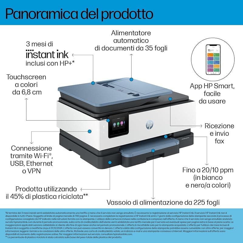 HP OfficeJet Pro 8135e 40Q47B, Stampante Multifunzione a Getto d'Inchiostro A4 a Colori, Fronte e Retro Automatico, 20 ppm, Wi-Fi, 3 Mesi di Inchiostro Instant Ink Inclusi, Grigia — miniatura 8