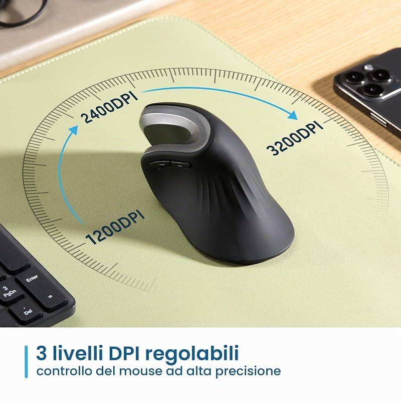 Ewent Mouse wireless ergonomico, EW3154, mouse ottico con 6 tasti e interruttore On/Off, 3 DPI regolabili, ricevitore USB, mouse per PC, laptop, iPad, Windows, Android, Mac. — miniatura 7