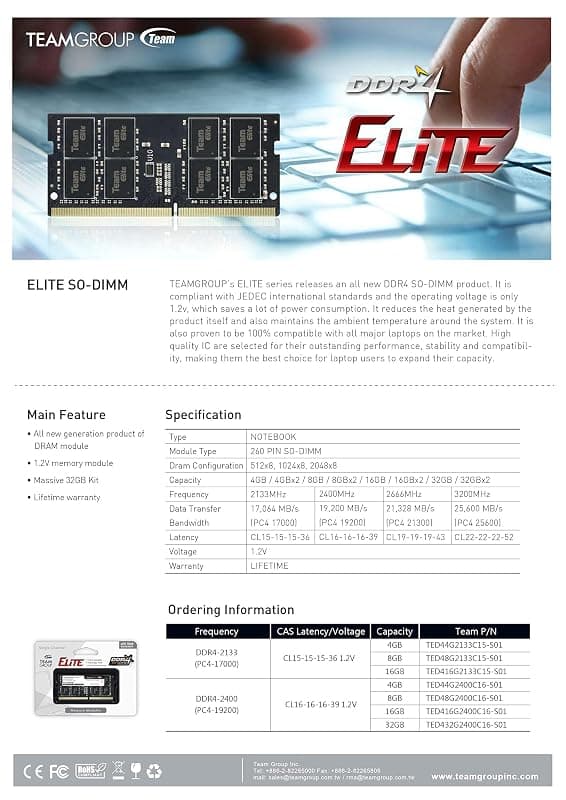 Team Group Elite RAM SO-DDR4 8GB 2666MHZ TED48G2666C19-S01 — miniatura 6