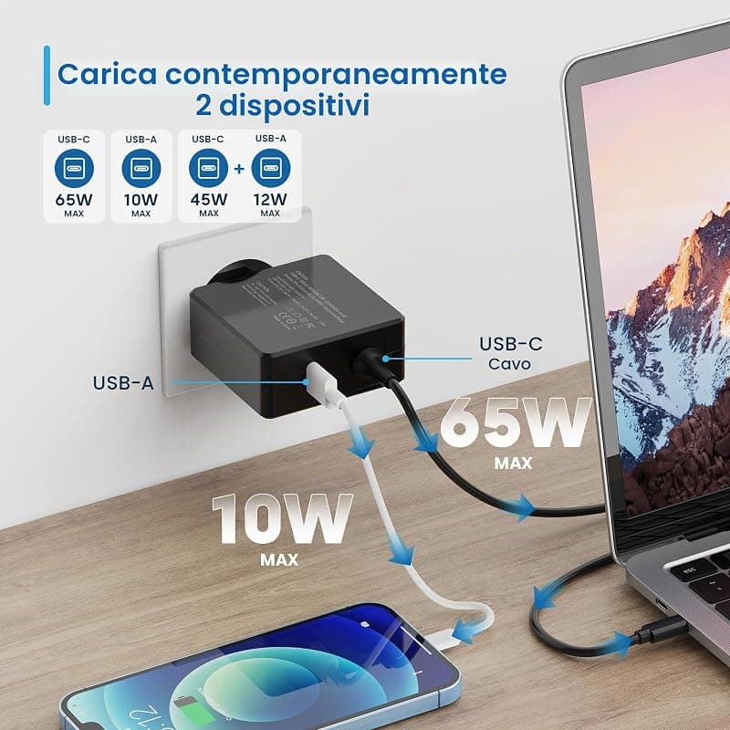 Ewent Caricatore da Rete Elettrica USB Type-C con USB-A Aggiuntiva 65W EW3978 — miniatura 3