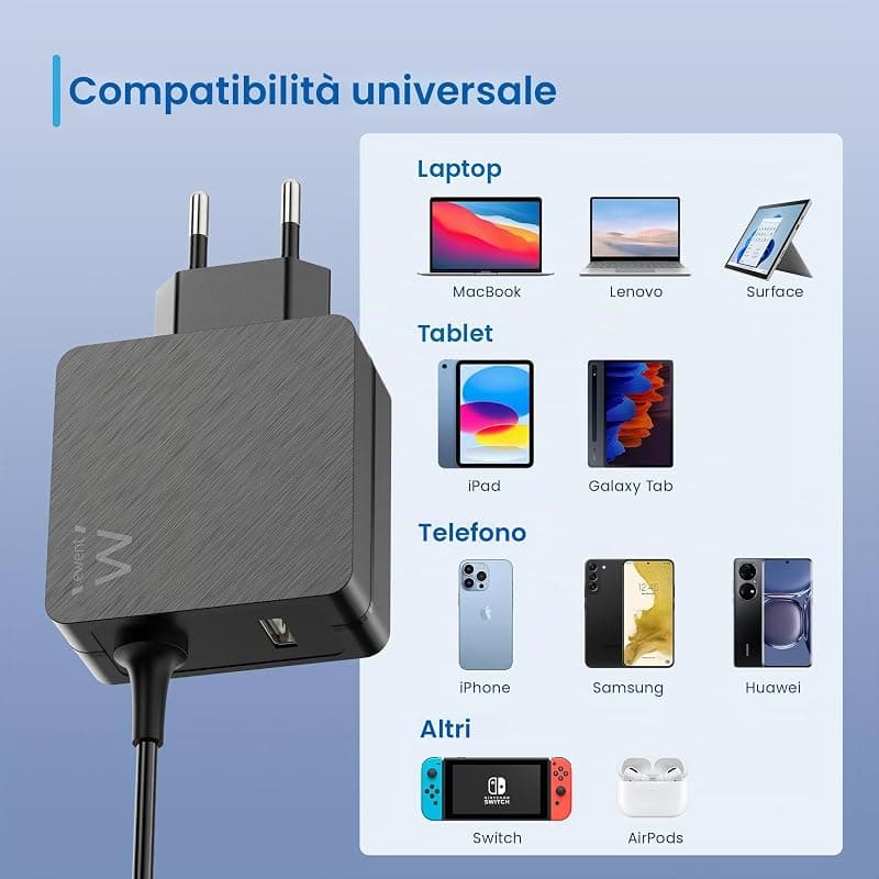 Ewent Caricatore da Rete Elettrica USB Type-C con USB-A Aggiuntiva 45W EW3979 — miniatura 6