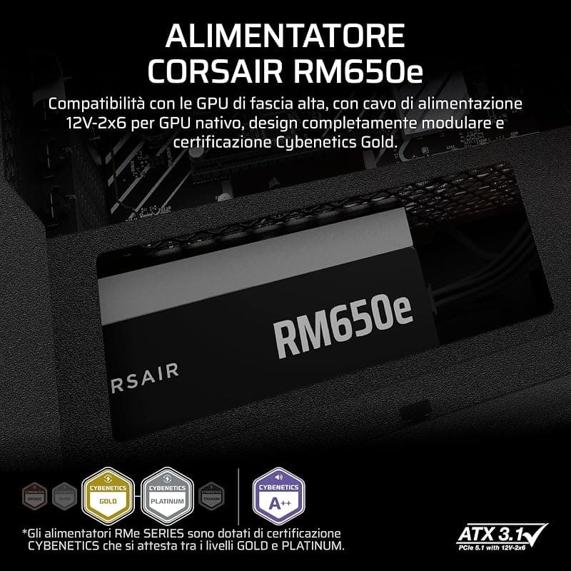 CORSAIR RM650e (2025) Alimentatore ATX completamente modulare a basso rumore con cavo 12V-2x6 - conforme a ATX 3.1 e PCIe 5.1, efficienza Cybenetics Gold, condensatori a 105°C — miniatura 2