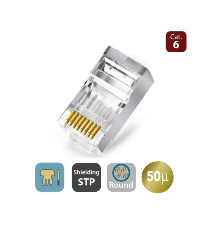 WP Cabling Plug Rete CAT.6 con Fori Passanti RJ45 STP per Cavo Tondo Rigido WPC-MDP-883-6SP-R50T