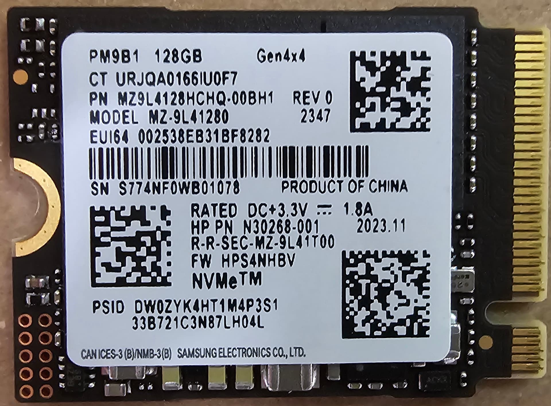 Samsung Solid State Drive SSD 128GB PCIE GEN4X4 M.2 Mini 2230 NVME PM9B1 MZ9L4128HCHQ OEM Bulk