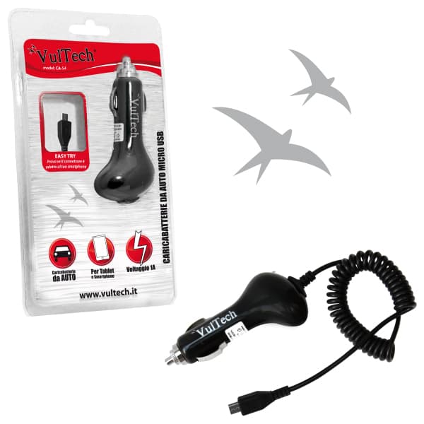 Vultech Caricabatterie per Auto con Uscita Micro USB AD 1A Ideale per Tablet e Smartphone CA-S4