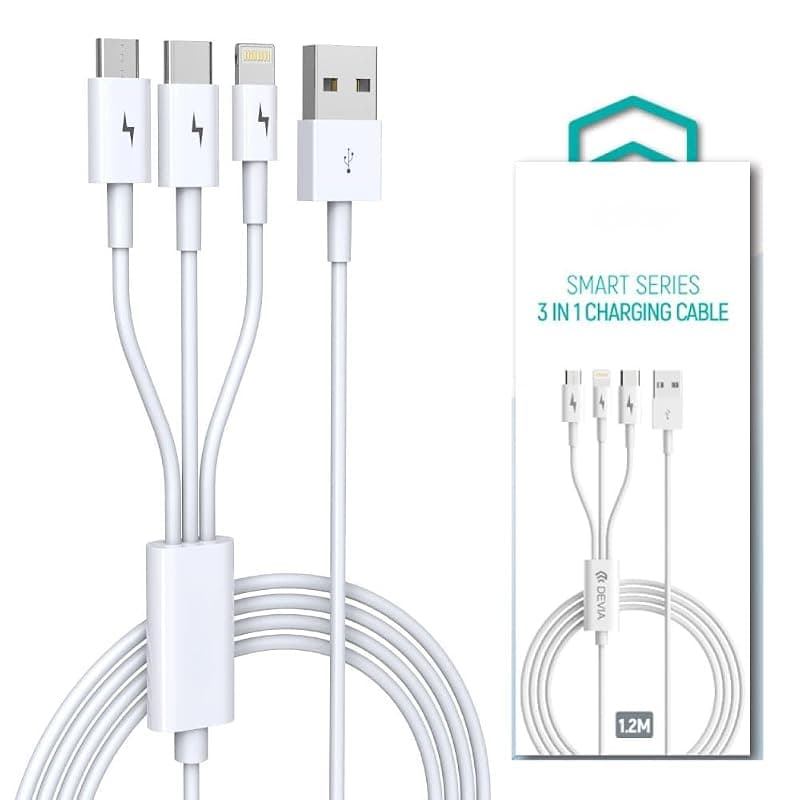 Devia Cavo di Ricarica Smartphone 3 in 1 da USB a Micro-USB/Type-C/Lightning 1.2MT DECS31975W