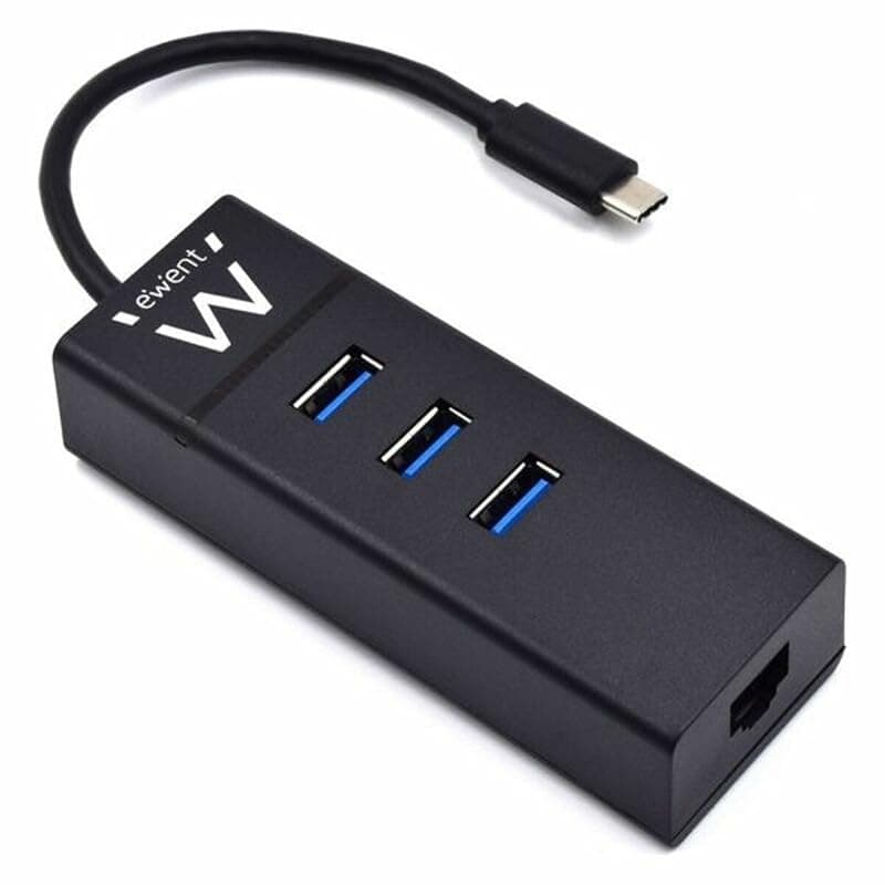 Ewent EW1141 Hub USB C, 3 Porte USB 3.0 e Adattatore LAN 1000 Mbps Gigabit Ethernet RJ45, Hub USB 3.0 Trasmissione Dati ad Alta Velocità per Macbook, Chromebook