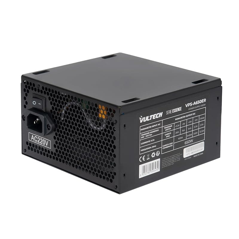 VulTech VPS-A650ER Alimentatore ATX 650W Serie Essence - Ventola da 12cm Termoregolata Silenziosa, Cambalggio incluso, Cavi Flat, 1x PCI-E 6+2 Pin