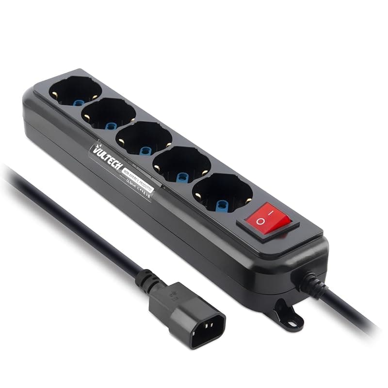 VulTech MU-UPS01 Multipresa per UPS IEC14 a 5 Posti Prese Italiane 10/16A e Schuko/Tedesche, Tasto On/Off, Ignifuga, Cavo da 1,5 m, 2500W, Nero