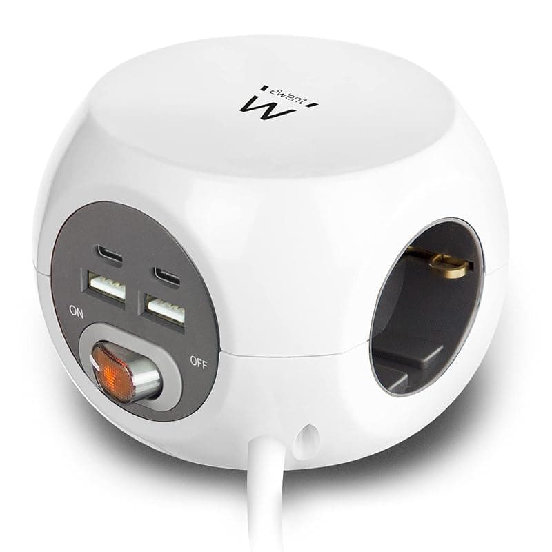 Ewent Powercube EW3957 - Cubo con presa USB, 2 USB-C e 2 prese USB-A (3,4 A) con interruttore, 3 prese, incluso cuscinetto adesivo per cucina, ufficio, soggiorno, lunghezza cavo